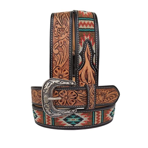 Western Tooled Leather Beaded Belt For Men And Women 30is114-42🦒